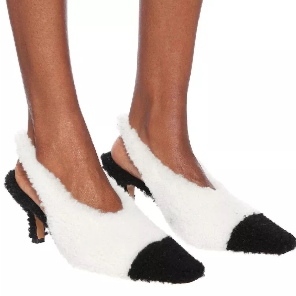 Marni Two-Tone White and Black Fuzzy Slingback Heels